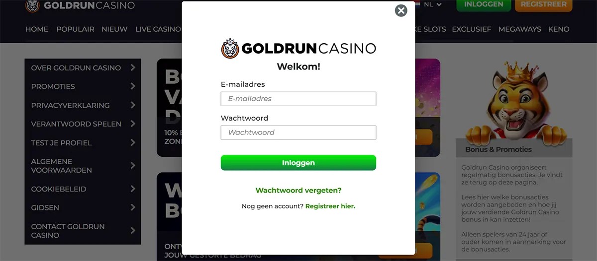 Dutch login modal for Goldrun Casino with fields for email and password, a green 